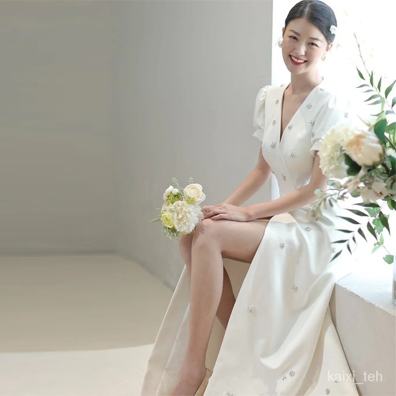 Korean Satin Light Wedding Dress Elegant Wedding Veil2021New Style White  Simple Outdoor Registration Dress | Shopee Malaysia