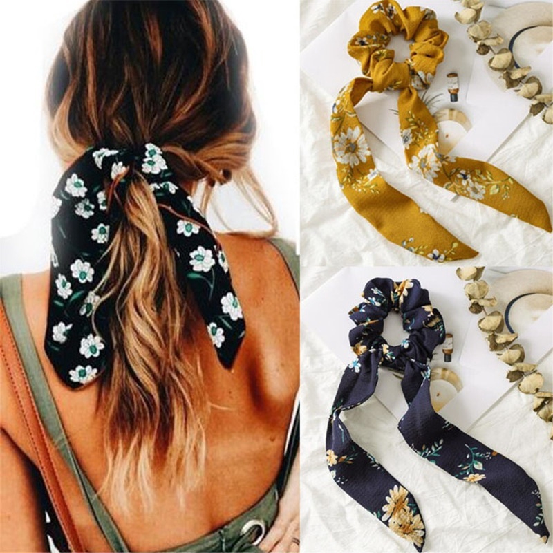 Sweet Print Ribbon Bow Girl Hair Scrunchie Women Boho Style