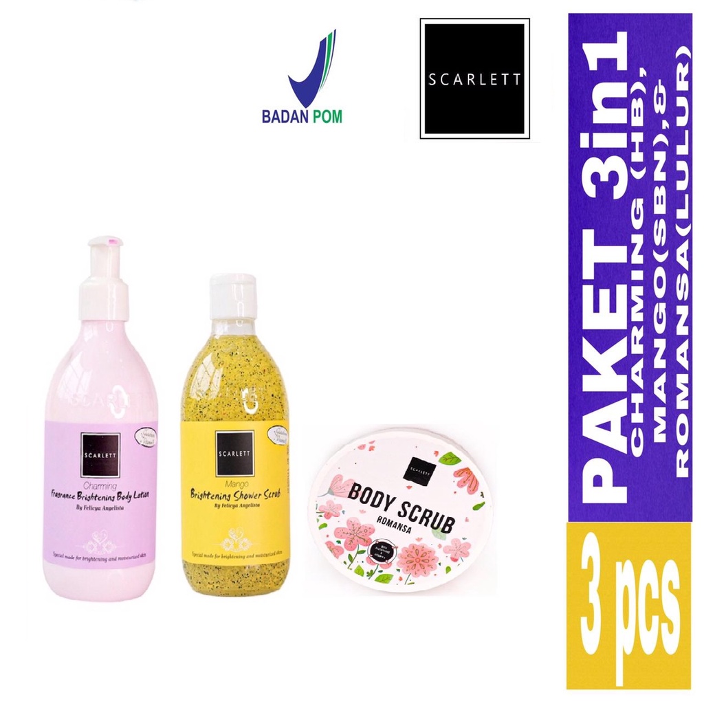 Scarlett Whitening 3 Package Scarlet Original Lotion Body Scrub Shower