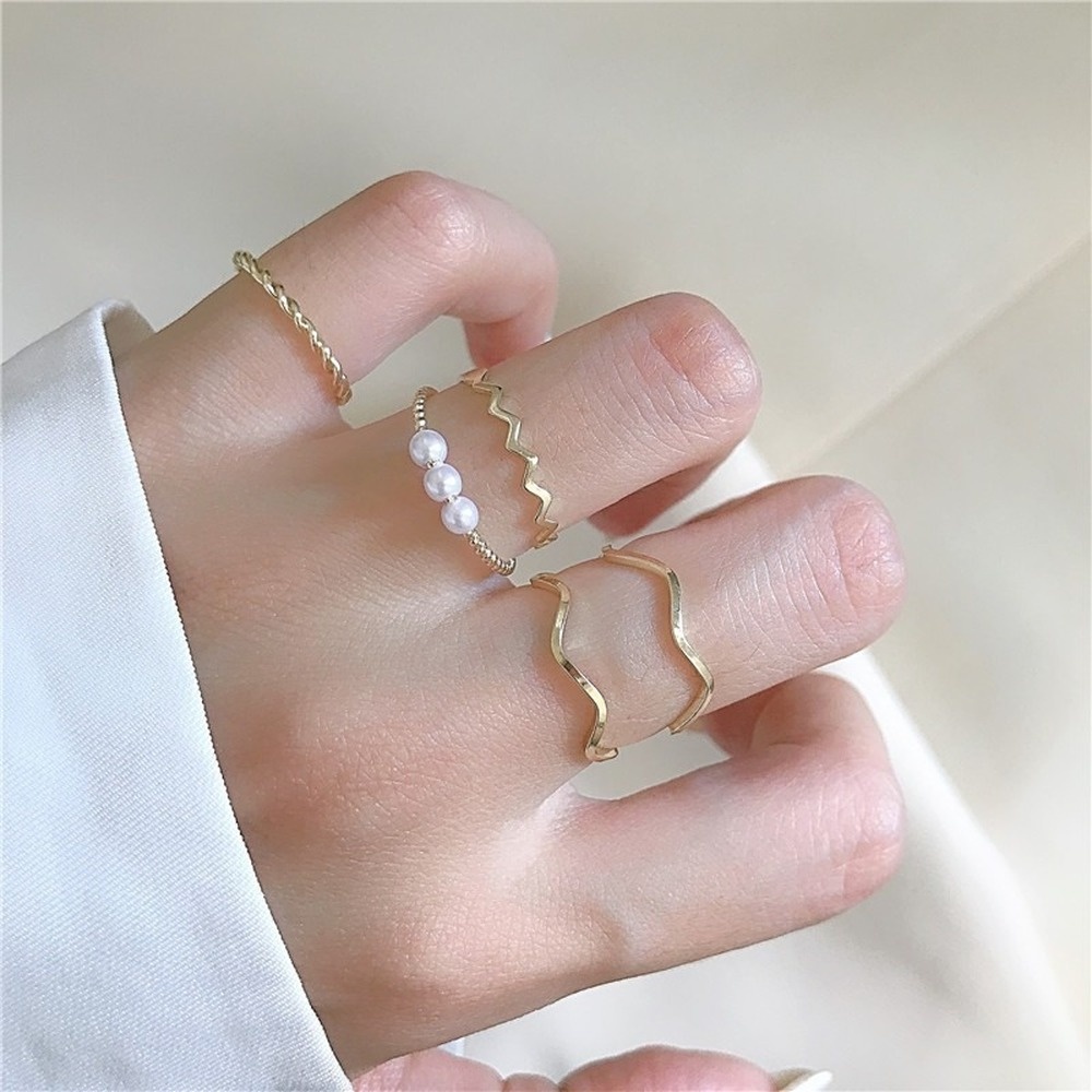 5pcs/Set Metal Ring Set Simple Luxury Pearl Geometry Adjustable Finger Rings Women Jewelry Accessories