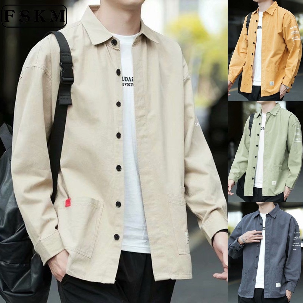 Japanese Plus Size Long Sleeve Shirt Men Loose Vintage Casual Khaki ...