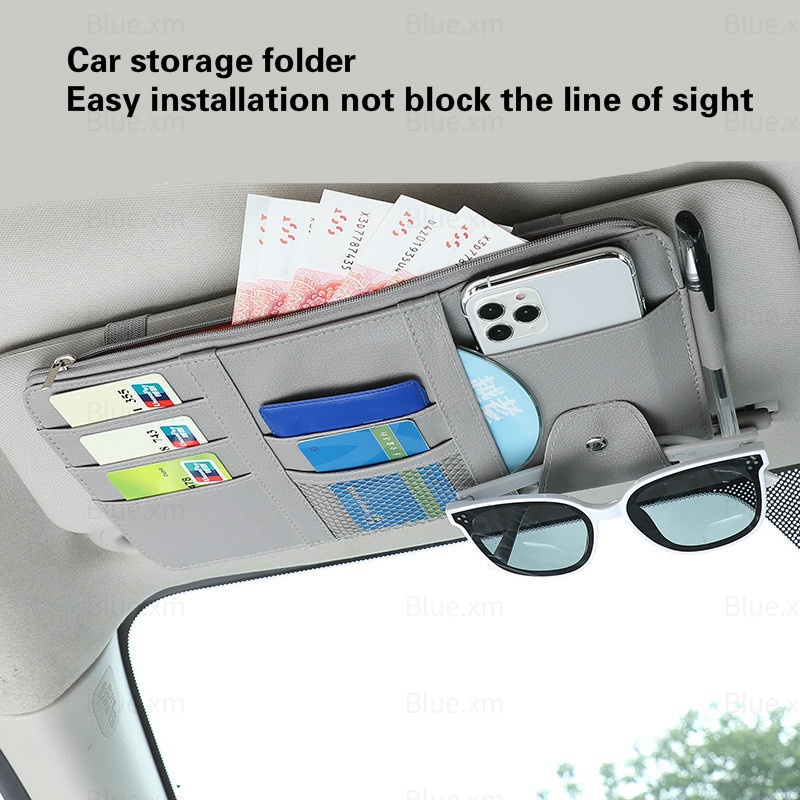 Car Interior Accessories Storage Bag Sun VisorMultifunctional PU Leather Card Holder Driving License Glasses Clip