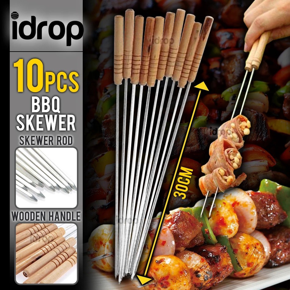 idrop 10pcs Stainless Steel BBQ Skewer Stick Barbecue Rod 30cm