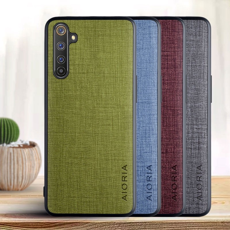SKINMELEON Casing Realme 6 Pro Casing Phone Fabric Denim Pattern PU Leather TPU Protective Cover Phone Case