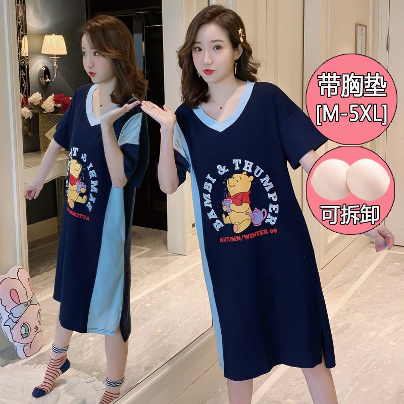100 cotton padded nightdress women's pure cotton short sleev100棉带胸垫睡裙女纯棉短袖薄款可爱学生过膝大码可外穿 名媛v时尚