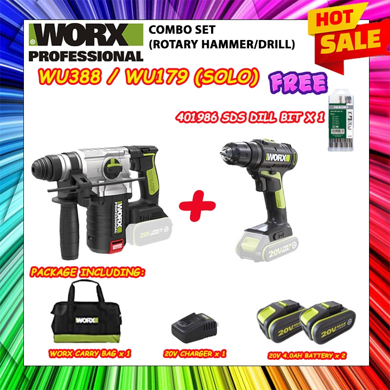 Worx WU388 20V Max Lithiumion Brushless Hammer Drill Cordless Rotary