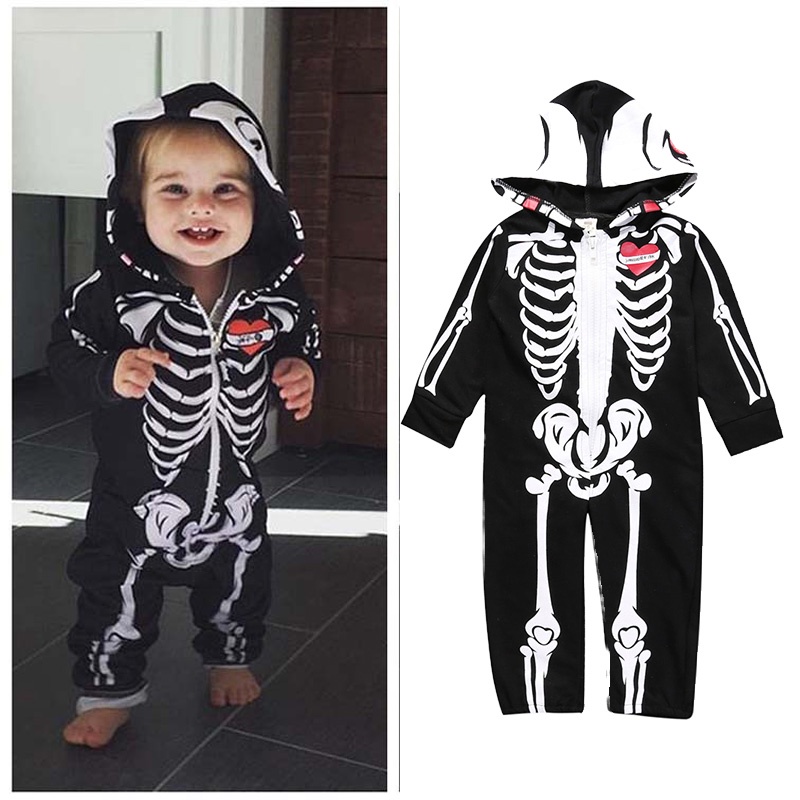 Halloween Baby Girls Boys Romper Hoodies Cotton Zipper Skeleton Printed Kids Overalls Skull Sliders Infant Overalls Playsuit Outfits For Newborn