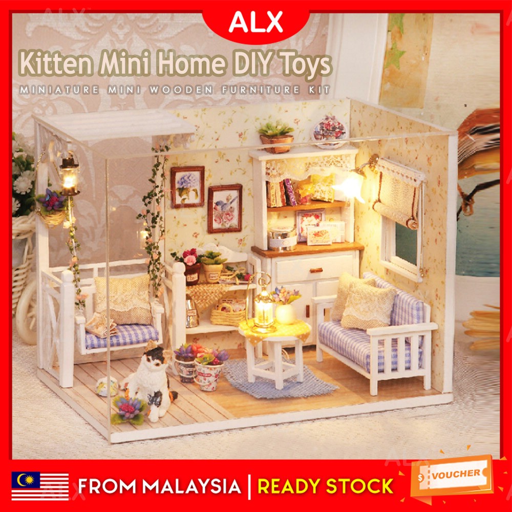 ALX DIY Kitten Cat Dollhouse Miniature Mini Wooden Furniture Kit with