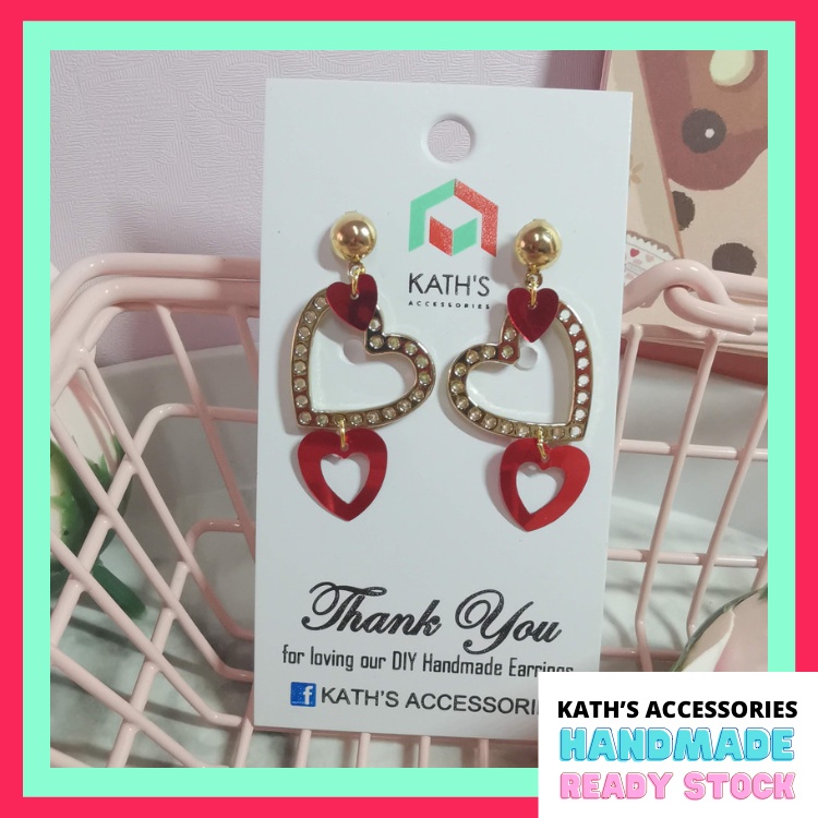 [KATH’S ACCESSORIES] HANDMADE Love Heart Red Gold Korean Fashion Dangling Earrings 手工制作爱心红金韩国时尚吊坠耳环