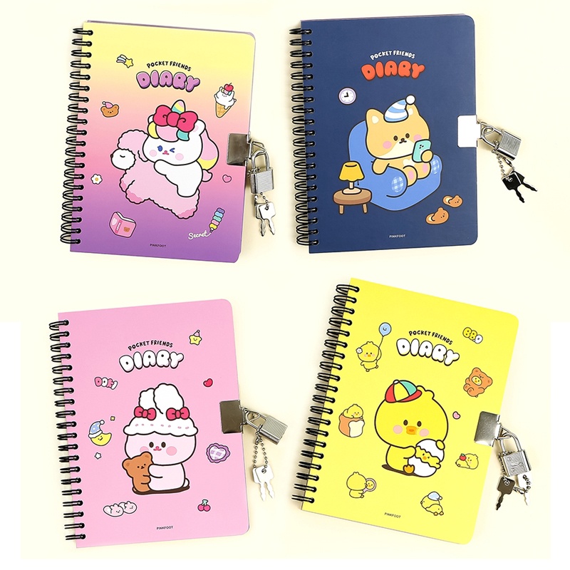 Secret Diary with Lock&Key 80sheets Hard cover Lined Grid Spiral Notebook Ruled Spiral Notepad Cute Korean Stationery Hard cover