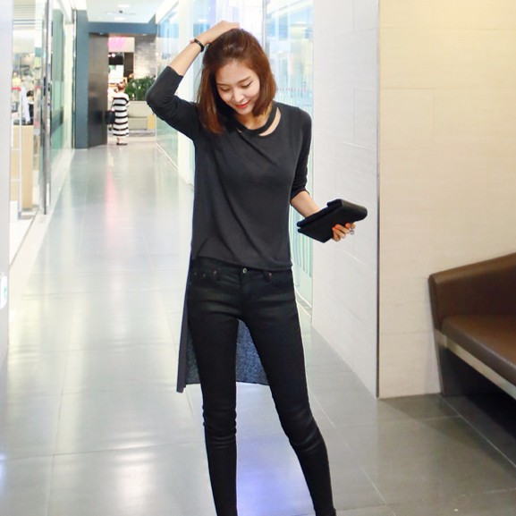 Short Front Long Rear LongSleeved CutOut Collar Shirt Dark Grey