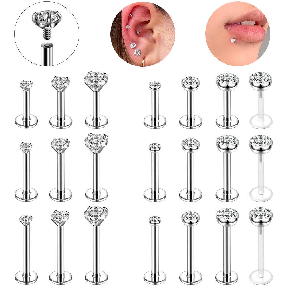 1 Pc Stainless Steel Lip Stud Shiny Crystal Labret Piercings Stud Earrings Cartilage Helix Tragus Piercings