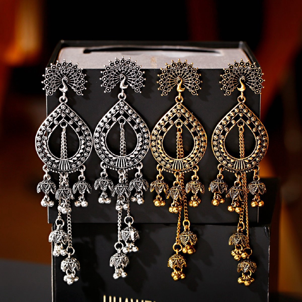 Women's Vintage Silver Water Drop Long Jhumka Earrings Indian Jewelry Turkish Carved Bells Earrings Tribal Gypsy Jewelry