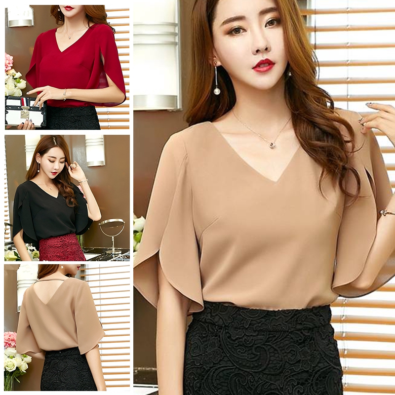 ReadyStock S-2XL Slit Ruffle Sleeve Chiffon Blouse Short Sleeve Women ...