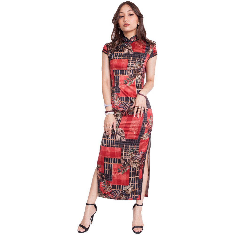 Maroon Plaid Floral Long Cheongsam