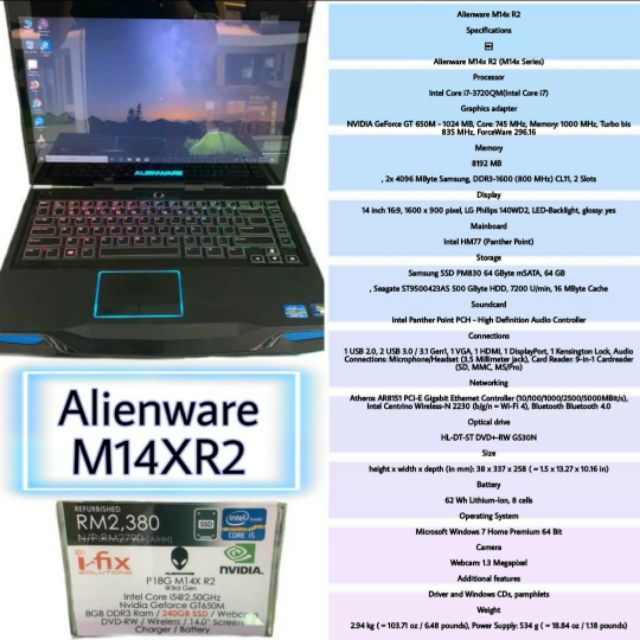 Refurbished Alienware M14xr2 High Performance Refer Picture For Spec Details Shopee Malaysia