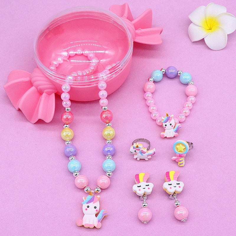 Kids Pearl Alloy Necklace Bracelet Earring Set|Girl Jewelry|Unicorn Rainbow Necklace Candy Box