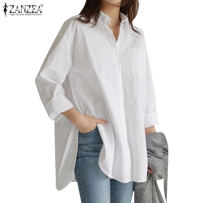 ZANZEA Women Casual Long Sleeve Loose Split Hem Plus Size Blouse ...