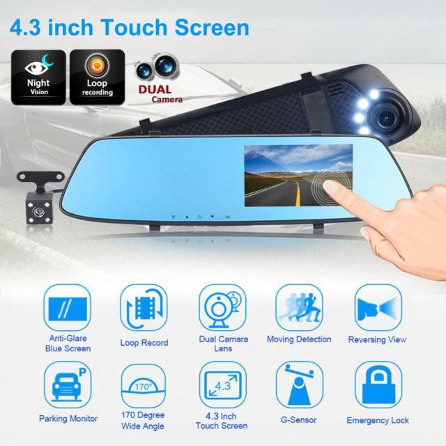 4.3in TFT Touch Screen Dual Lens Car Rearview Mirror DVR Camera Dash Cam