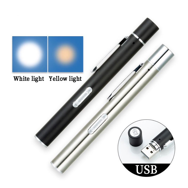 Mini Pocket LED Stainless Steel USB Rechargeable Flashlight/ Portable Dual Light Source LED Pen for Dentists, Camping and Nursing