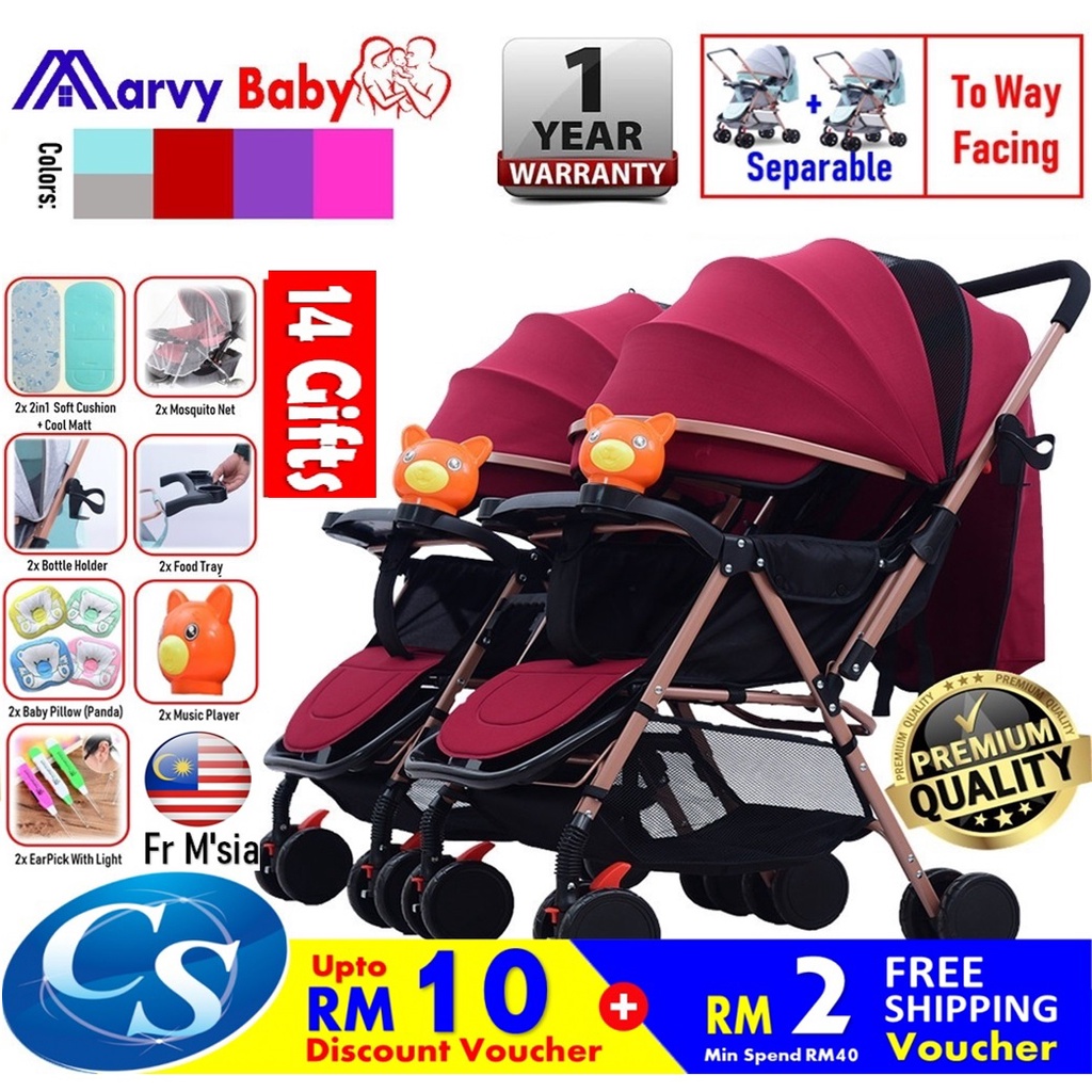 MarvyBaby HY6603 Luxury Separable Twin Twins Stroller 2 Two Way Facing Lightweight Baby Stroller kembar kereta bayi