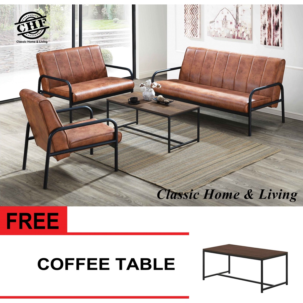 CHF Industrial Modern Metal Sofa Set 1+2+3 Seater Free Coffee Table(Tan/Brown/Fabric Dark Grey)