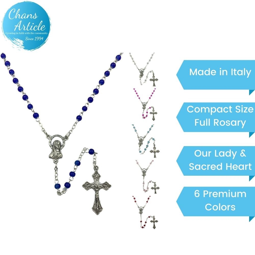 Compact Rosary Catholic 24087 Rantai Rosary Small Beads with Mother Mary & Sacred Heart Centerpiece - Made in Italy