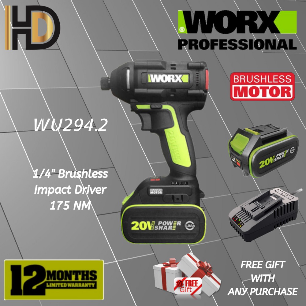 WORX 20V WU294.2 Cordless 1/4 Impact Driver Brushless Shopee Malaysia
