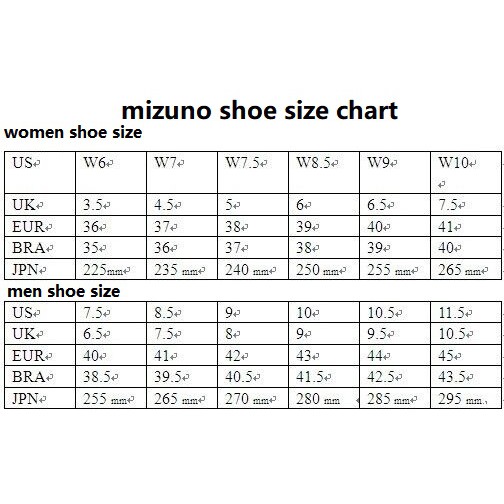 mizuno shoe chart