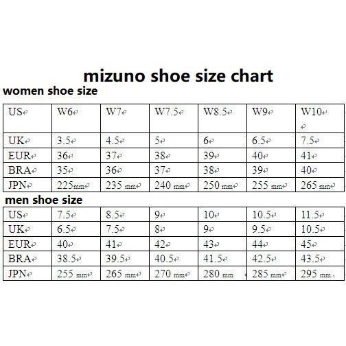 mizuno mens shoes size chart