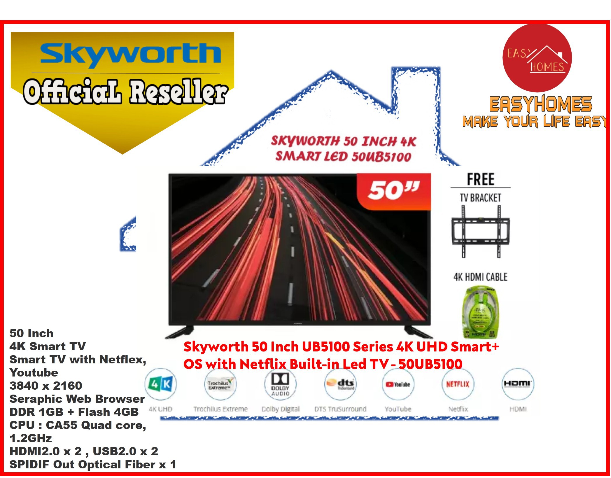 Skyworth 50 inch ub5100 series 4k uhd smart+ os with netflix built-in ...