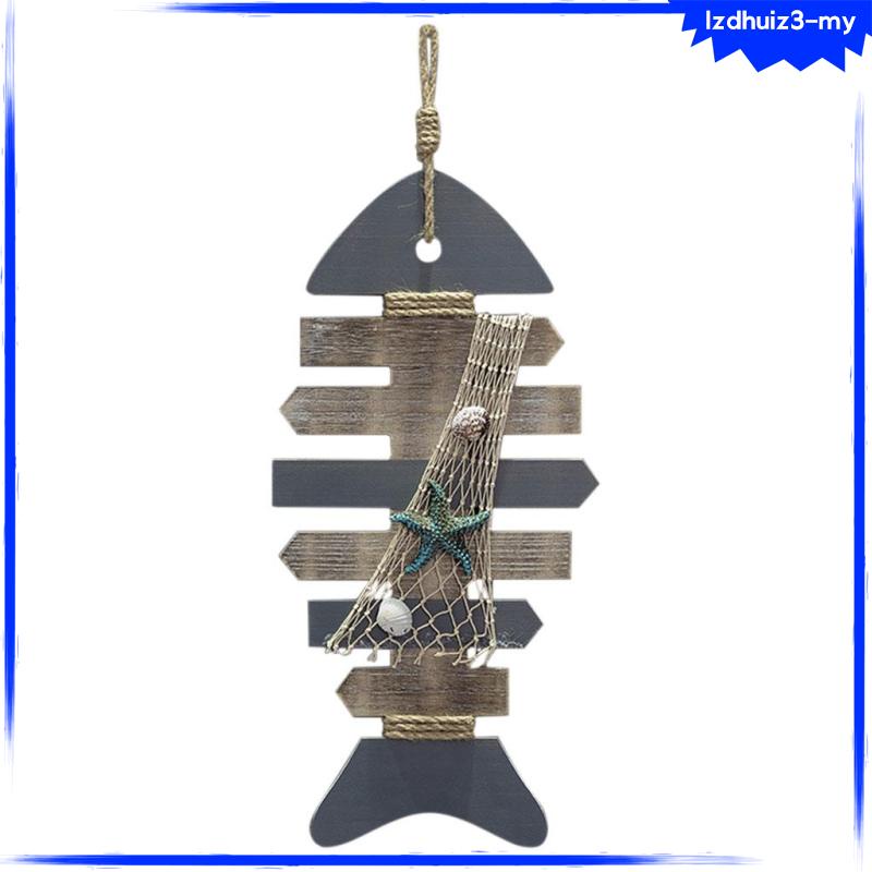 Wood Nautical Decor Fishbone Seahorse Hanging Marine Wall Decor for Home Cafe