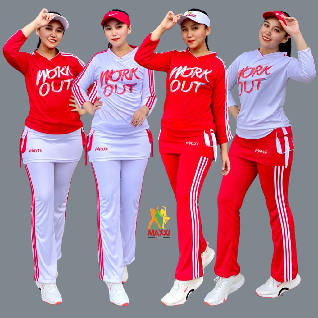 PUTIH MERAH Red And White Gymnastics Suit Long Workout Skirt Set Sportswear Suit Zumba Aerobic Shirt Gym Fitness Running Jogging Cycling Bike Long Training Uniform Indoor Outdoor Women Hijab Muslim we