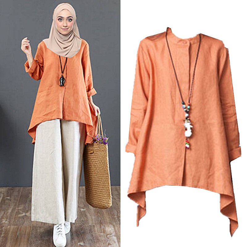  Cotton  Linen Muslimah Long Sleeve Loose Blouse  Baju  Casual 