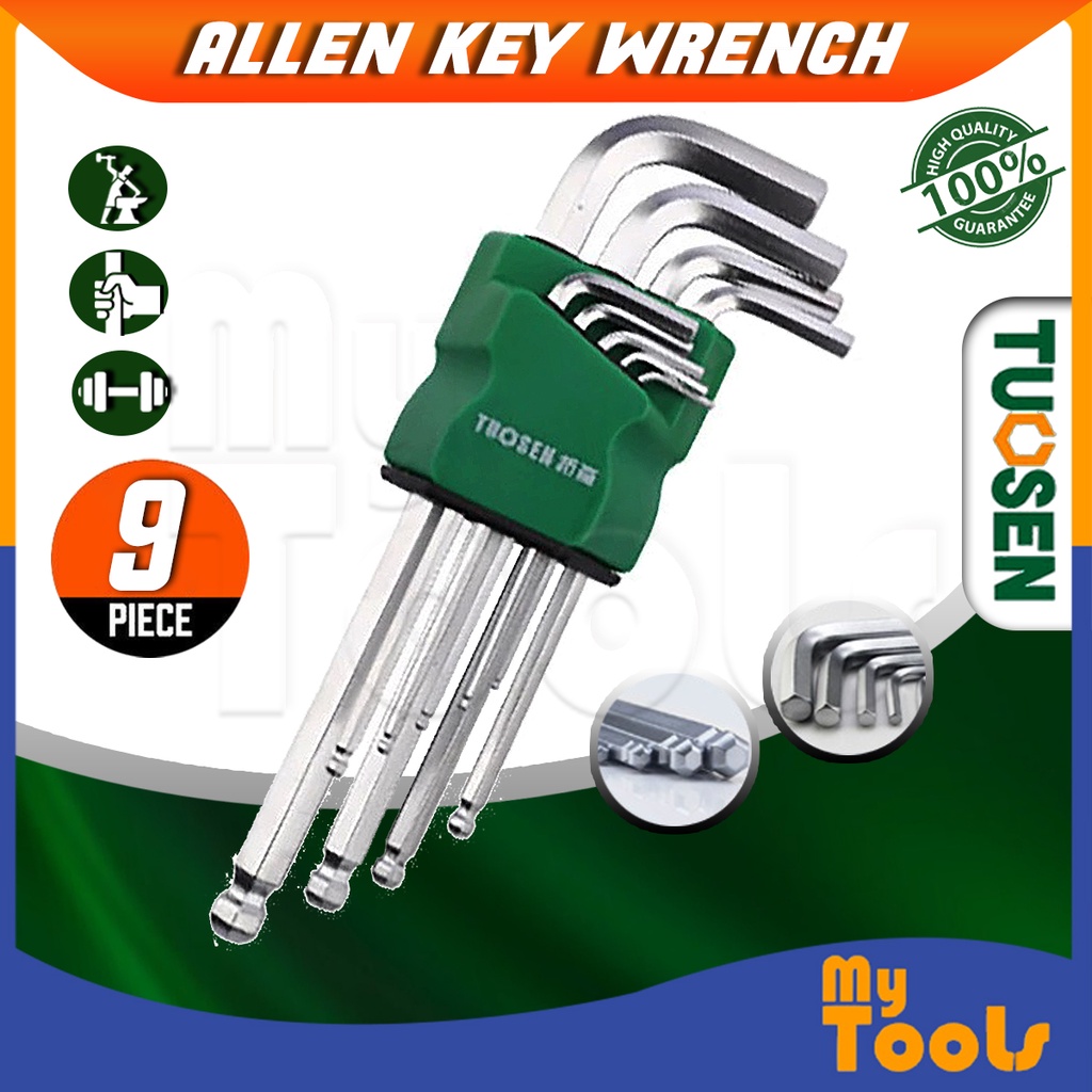 Mytools Premium TUOSEN 9pcs L Wrench Ball End Long Arm Hex Key Allen