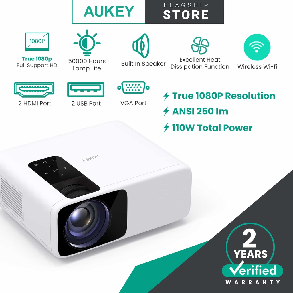 Aukey RD-870 Cinex S Lite Full HD 1080P Wi-Fi LED Projector with Support Smartphone Screen Sync HDMI