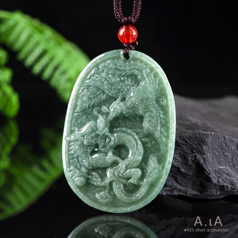 █Myanmar゜Natural a Goods Jade Dragon Phoenix Brand Pendant Couple Men Necklace Women