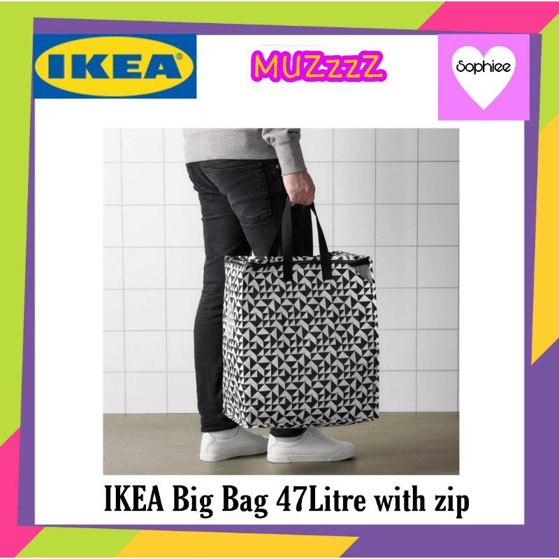 [READY STOCK] IKEA Bag with top zip, black, white 47 l, KNALLA beg