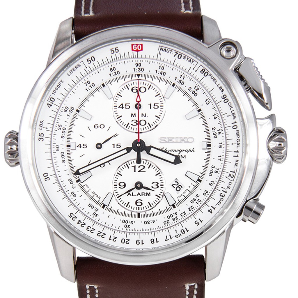 Seiko Flight Alarm Chronograph White Dial Brown Leather Men's Watch  SNAB71 | Shopee Malaysia