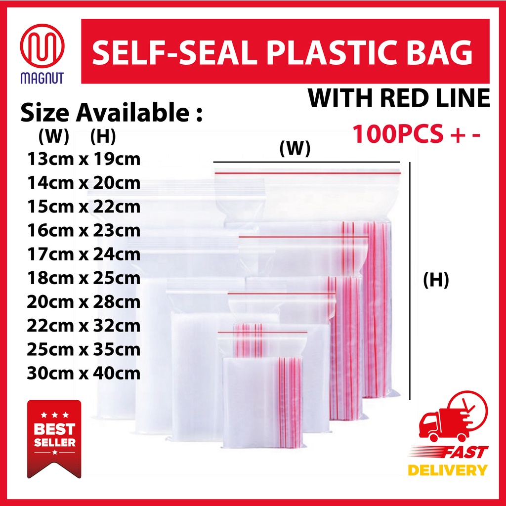 Zip Lock Plastic Bag 100pcs With Red Line Zipper Plastic Bag Resealable