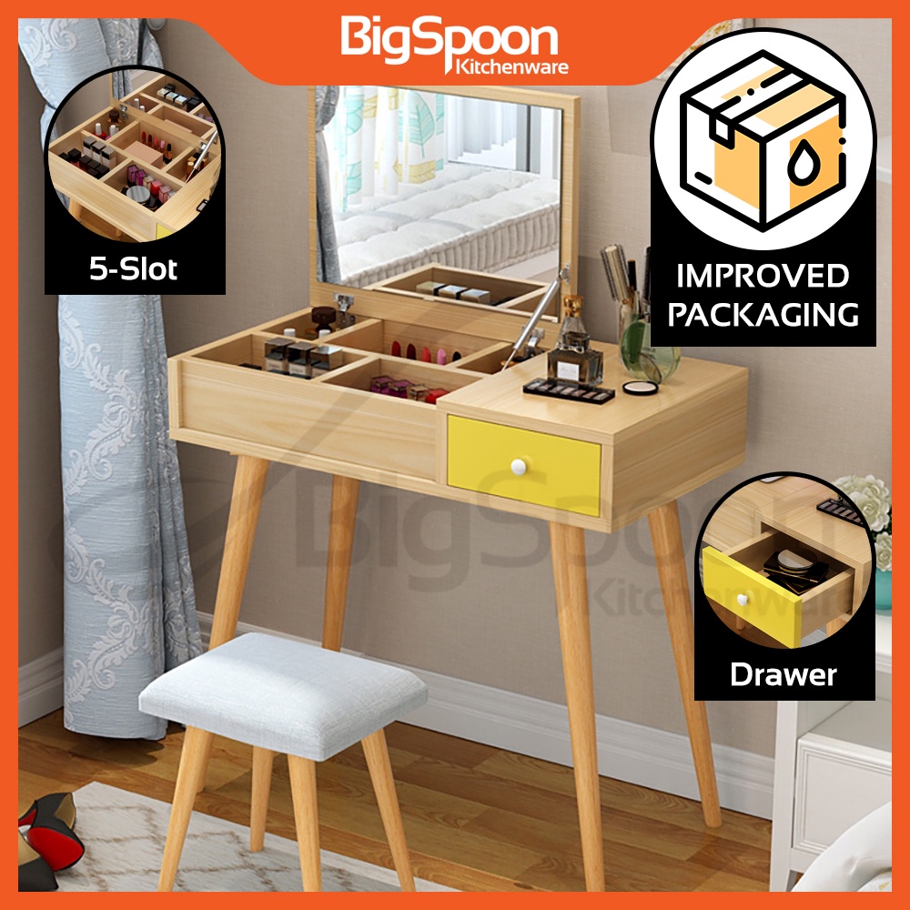 BIGSPOON Elegant Wooden Dressing Table Set with Drawers Mirror and Chair for Bedroom Cosmetic Meja Bilik 梳妝臺桌子 DT09241