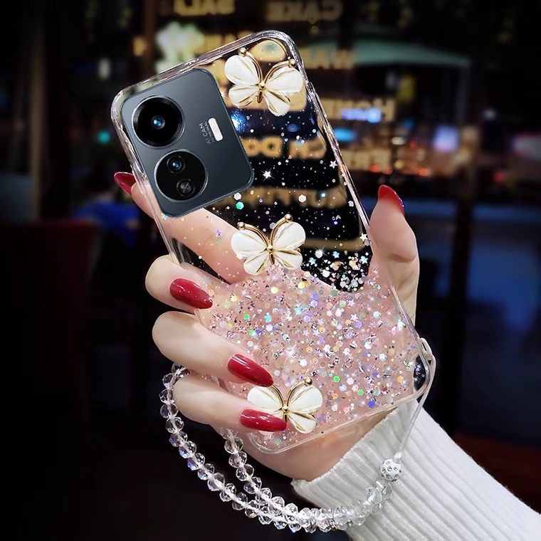 Smartphone Case for VIVO Y16 Y35 Y22S V25 V25e V19 Y02S Y77 Y55 T1 Y01 5G NEW Phone Casing Glitter Starry Sky Transparent TPU Softcase with Crystal Butterfly Back Cover VIVOY16