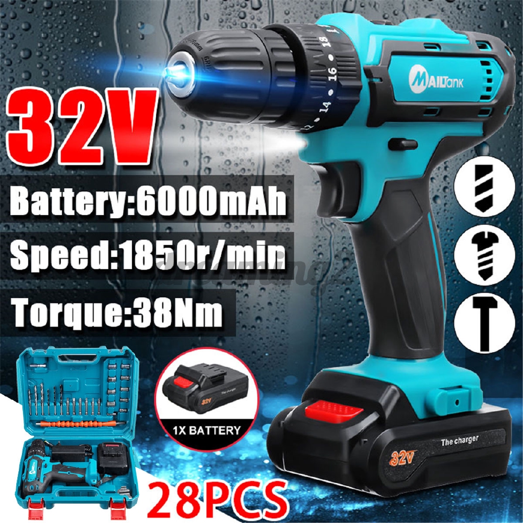 2 Battery 32V 3 in 1 Cordless Drill Hammer Impact Wrench Screwdriver Power Tool 