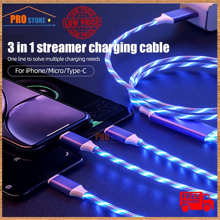 3 in 1 LED USB Cable TypeC LED Flowing Colors RGB Glow Light FAST