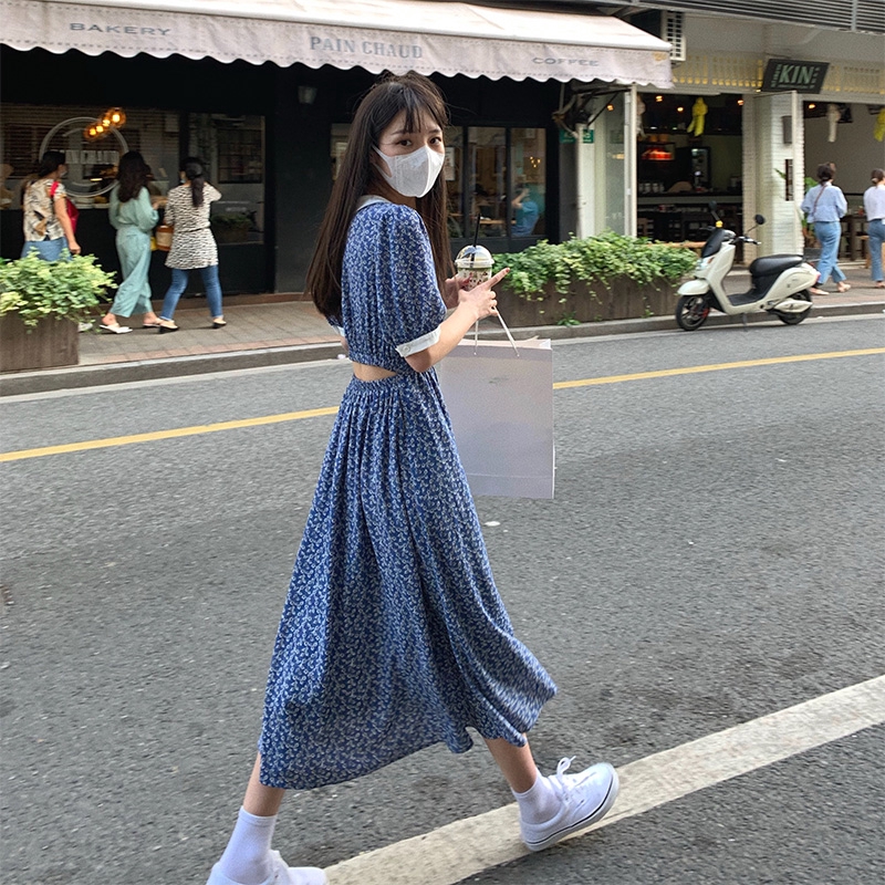 Spot Photo Dress One Piece Dress Long Short Net Red Short Sleeve Contrast Color Small Turn Collar Dress One Piece Dress Blue Bottom Small Flower Girl Dress Super Thin Shopee Malaysia