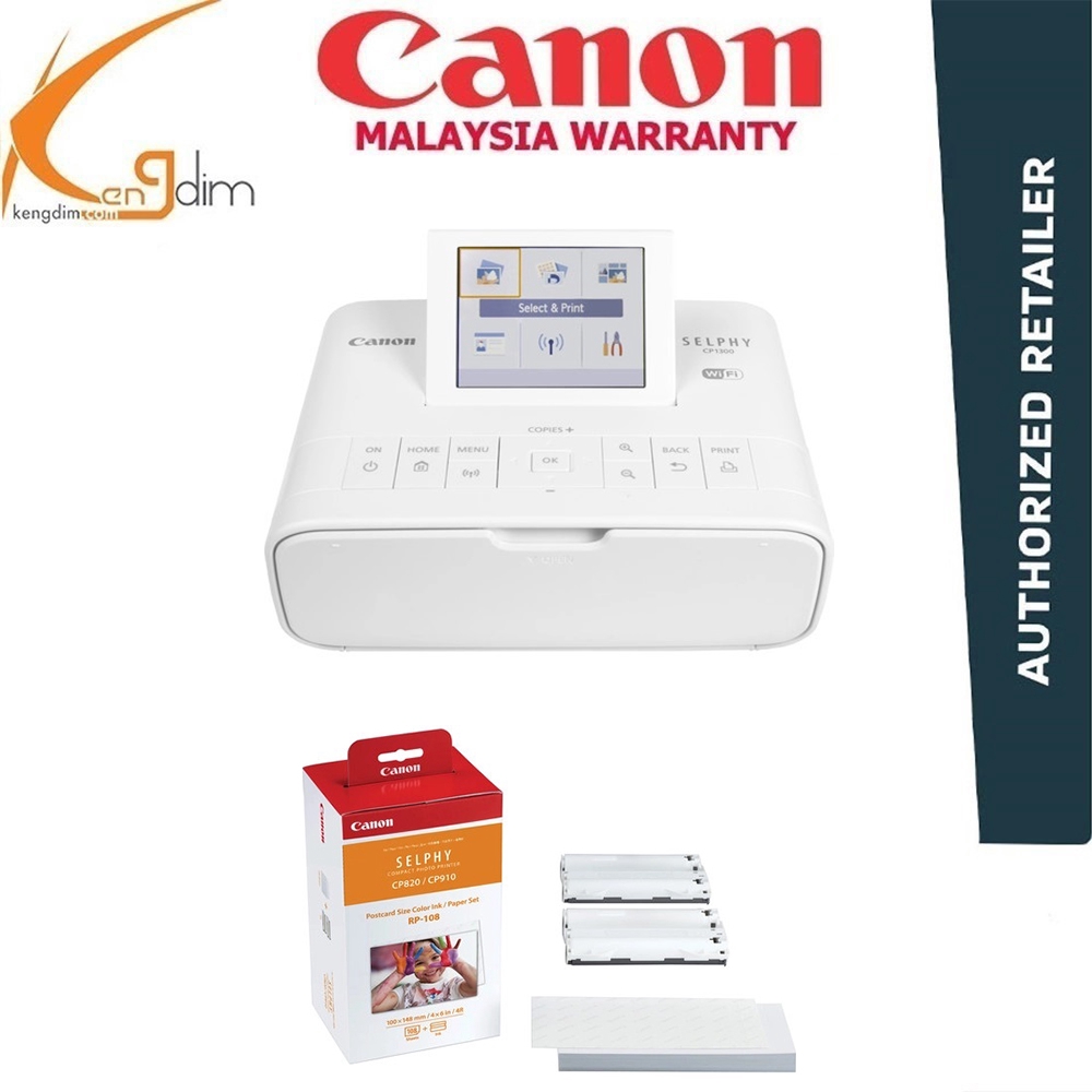 Canon SELPHY CP1300 Compact Photo Printer with RP-108 Ink/Paper Set Bundle Kit 