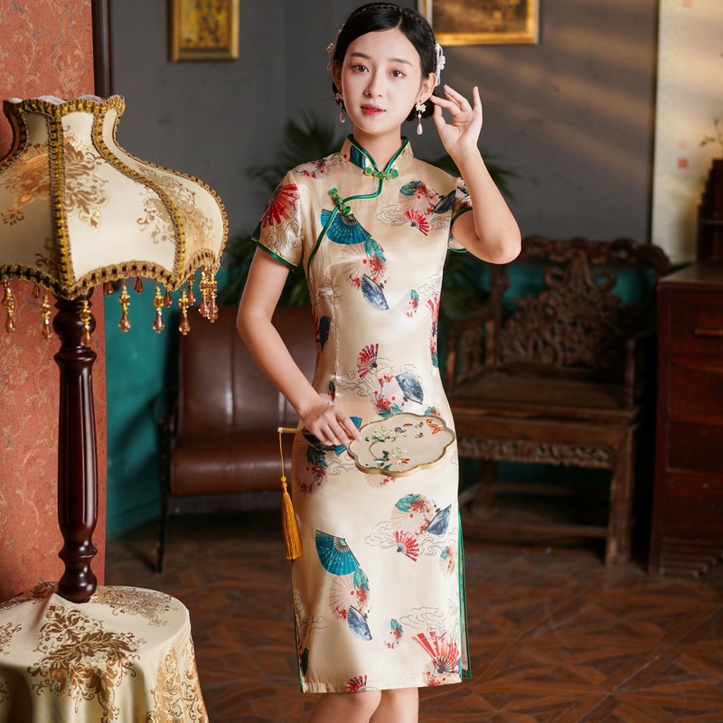 Women Cheongsam Dress Vintage Chinese Traditional Short Sleeve Dresses Floral Slim Dress Qipao