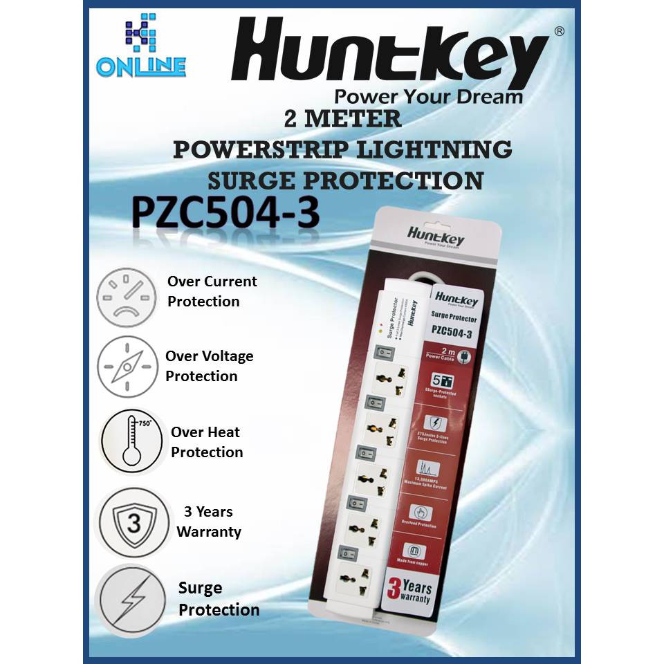 HUNTKEY PZC5043 POWER STRIP SURGE PROTECTOR 5 PLUGS 2 METER EXTENSION