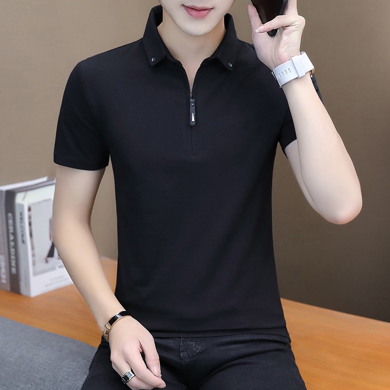 Korean Slim Zipper Polo Shirt Men Short Sleeve Black Plain Shirt ...
