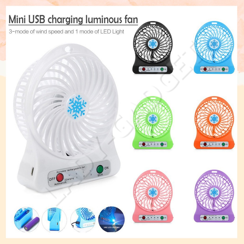 Portable Mini Fan LED Air Cooler USB Rechargeable Fan Adjustable 3 level Speed Charging Luminous Fan Night LED Light Fan